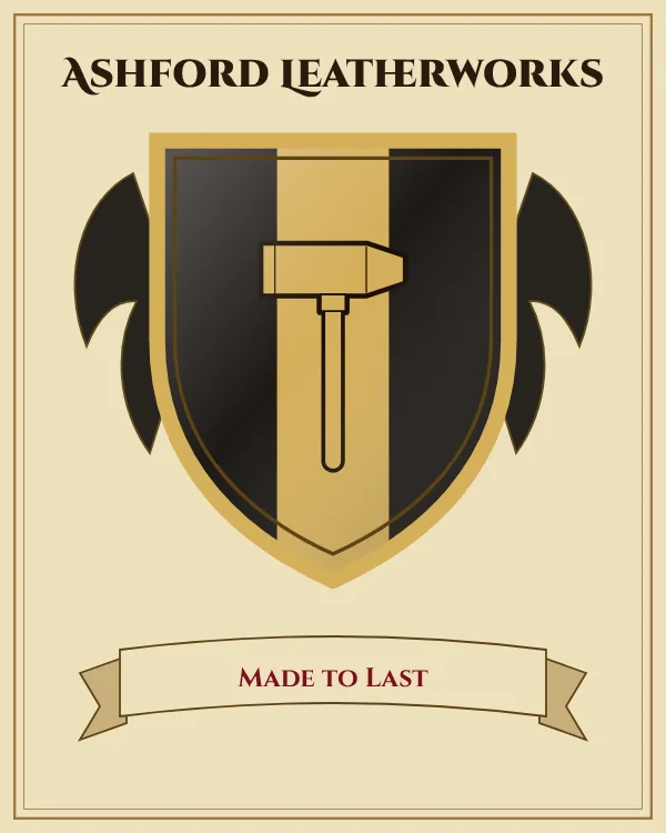 Coat of arms of Ashford Leatherworks: a black shield with a gold vertical stripe and a gold hammer, motto "Made to Last"