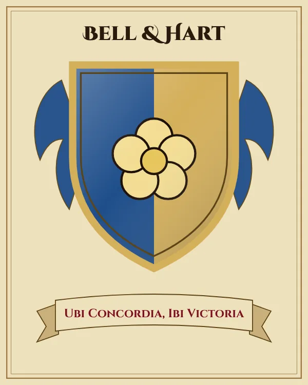 Coat of arms of Bell & Hart: a shield split down the middle in blue and gold and a gold rose, motto "Ubi Concordia, Ibi Victoria"