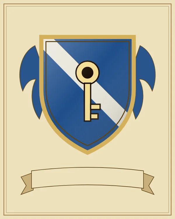 Coat of arms example: a blue shield with a silver diagonal band and a gold key