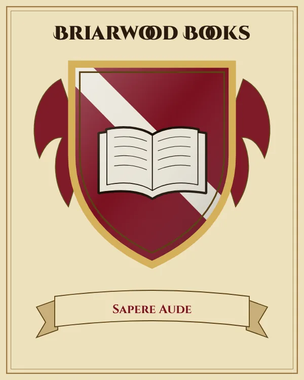 Coat of arms of Briarwood Books: a deep red shield with a silver diagonal band and a silver open book, motto "Sapere Aude"