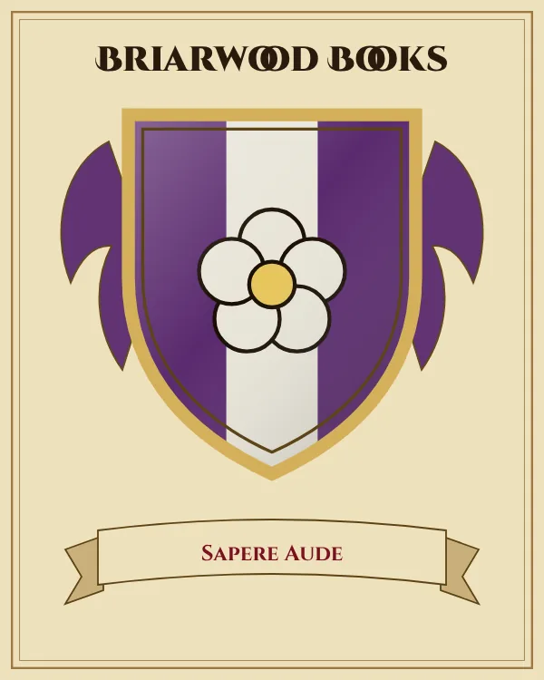 Coat of arms of Briarwood Books: a purple shield with a silver vertical stripe and a silver rose, motto "Sapere Aude"
