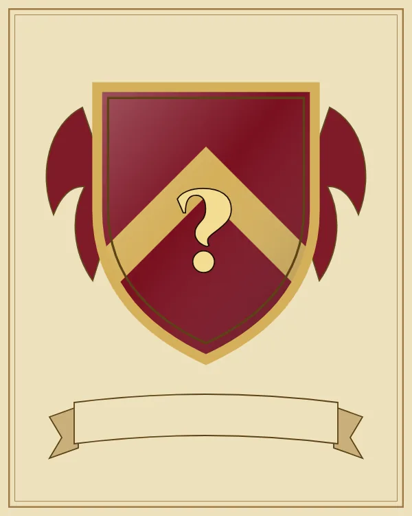 Coat of arms example: a deep red shield with a gold chevron and the letter ? in gold