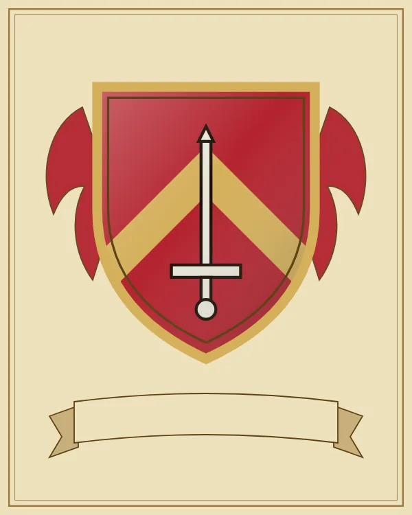 Coat of arms example: a red shield with a gold chevron and a silver sword