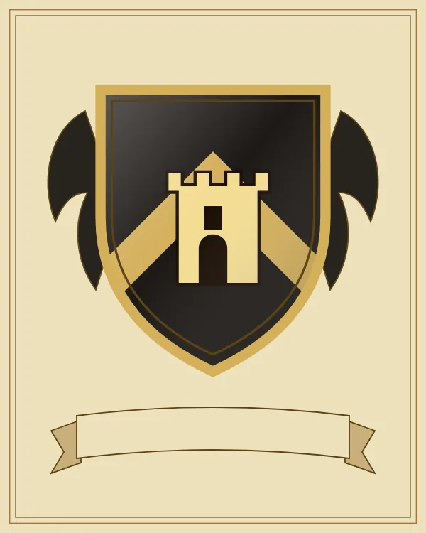 Coat of arms example: a black shield with a gold chevron and a gold tower