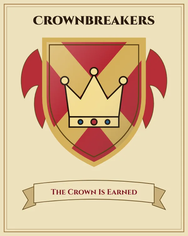 Coat of arms of Crownbreakers: a red shield with a gold X-shaped cross and a gold crown, motto "The Crown Is Earned"