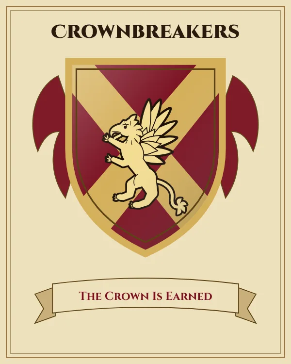 Coat of arms of Crownbreakers: a deep red shield with a gold X-shaped cross and a gold griffin, motto "The Crown Is Earned"