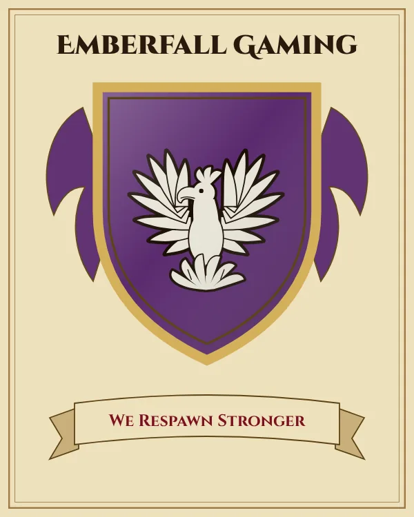 Coat of arms of Emberfall Gaming: a purple shield and a silver phoenix rising from flames, motto "We Respawn Stronger"