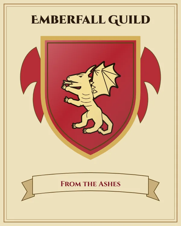 Coat of arms of Emberfall Guild: a red shield and a gold dragon, motto "From the Ashes"
