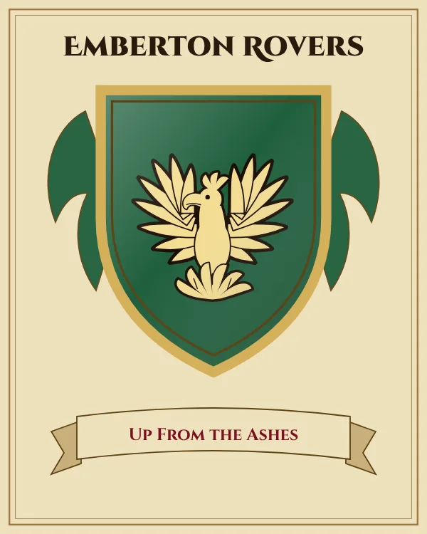 Coat of arms of Emberton Rovers: a green shield and a gold phoenix rising from flames, motto "Up From the Ashes"