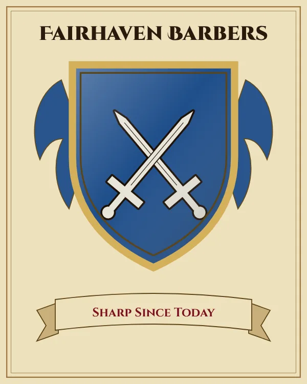 Coat of arms of Fairhaven Barbers: a blue shield and a silver pair of crossed swords, motto "Sharp Since Today"