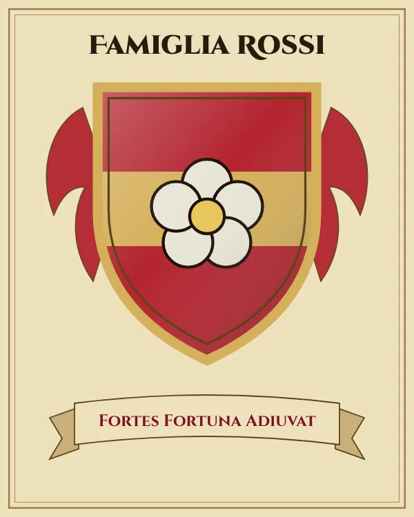 Coat of arms of Famiglia Rossi: a red shield with a gold horizontal band and a silver rose, motto "Fortes Fortuna Adiuvat"