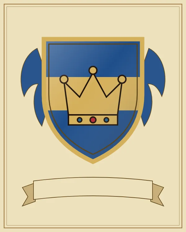 Coat of arms example: a blue shield with a gold horizontal band and a gold crown
