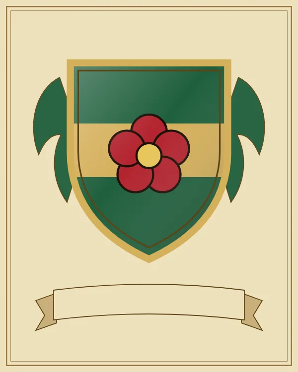 Coat of arms example: a green shield with a gold horizontal band and a red rose