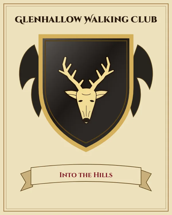 Coat of arms of Glenhallow Walking Club: a black shield and a gold stag's head with antlers, motto "Into the Hills"