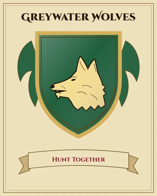 Coat of arms of Greywater Wolves: a green shield and a gold wolf's head, motto "Hunt Together"