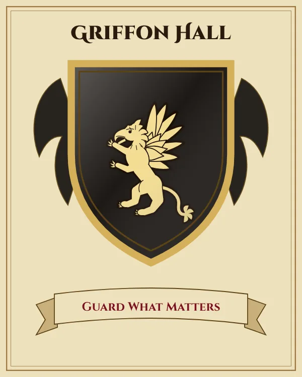 Coat of arms of Griffon Hall: a black shield and a gold griffin, motto "Guard What Matters"