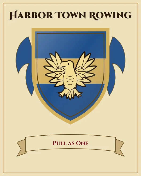 Coat of arms of Harbor Town Rowing: a blue shield with a gold horizontal band and a gold eagle with spread wings, motto "Pull as One"