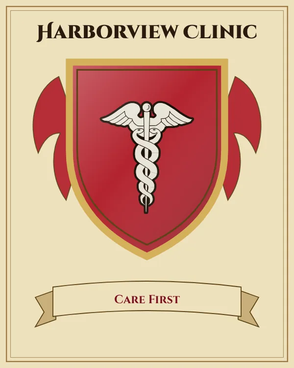 Coat of arms of Harborview Clinic: a red shield and a silver caduceus, motto "Care First"