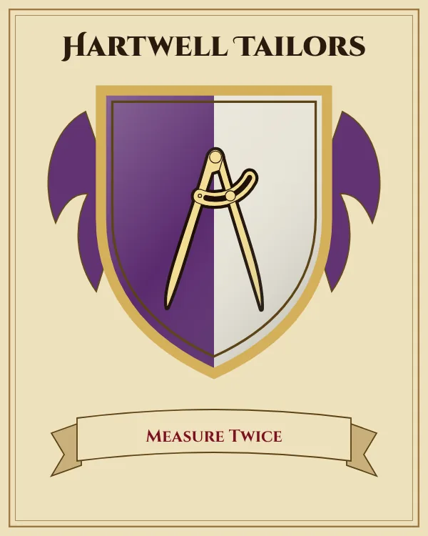 Coat of arms of Hartwell Tailors: a shield split down the middle in purple and silver and a gold pair of drafting compasses, motto "Measure Twice"