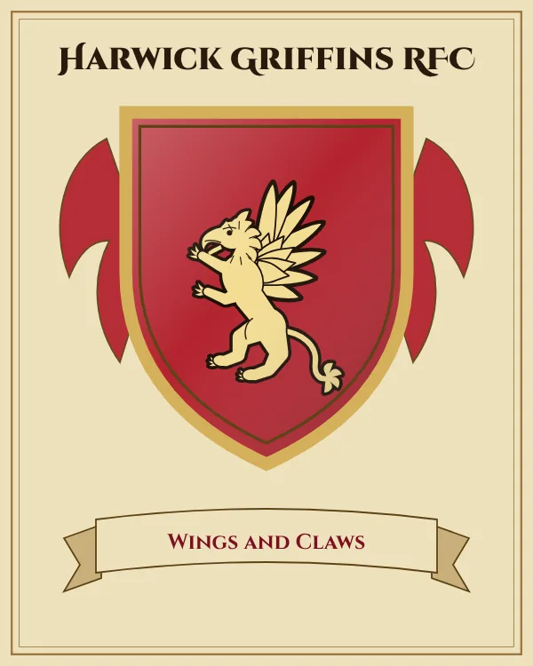 Coat of arms of Harwick Griffins RFC: a red shield and a gold griffin, motto "Wings and Claws"