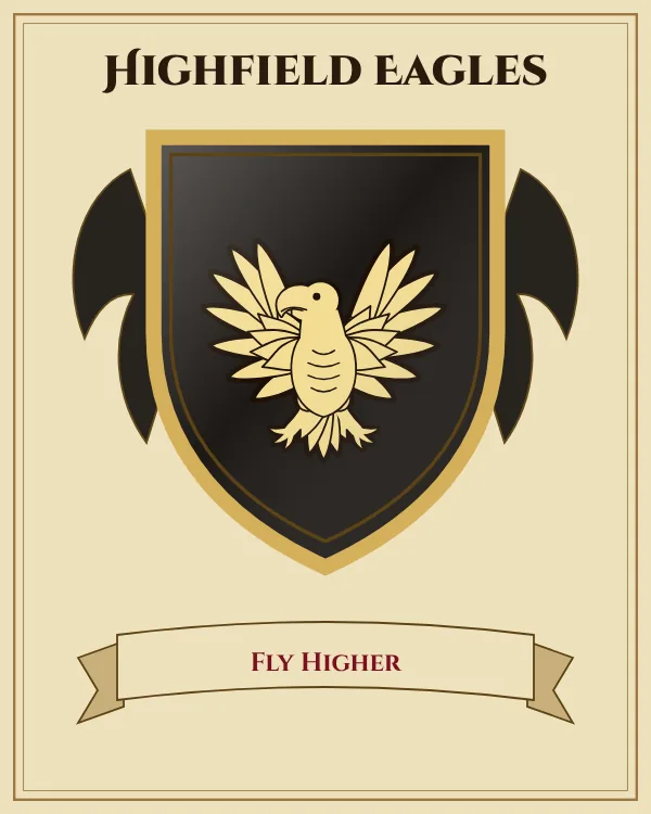 Coat of arms of Highfield Eagles: a black shield and a gold eagle with spread wings, motto "Fly Higher"