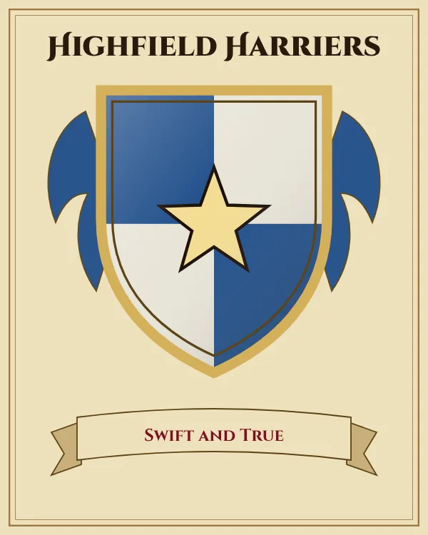 Coat of arms of Highfield Harriers: a shield quartered in blue and silver and a gold star, motto "Swift and True"