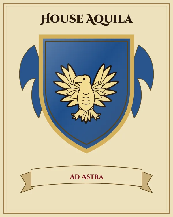 Coat of arms of House Aquila: a blue shield and a gold eagle with spread wings, motto "Ad Astra"