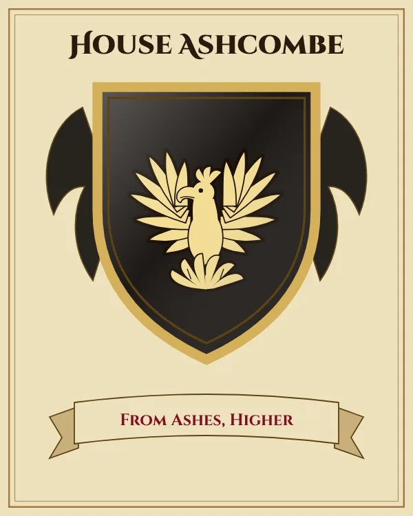 Coat of arms of House Ashcombe: a black shield and a gold phoenix rising from flames, motto "From Ashes, Higher"