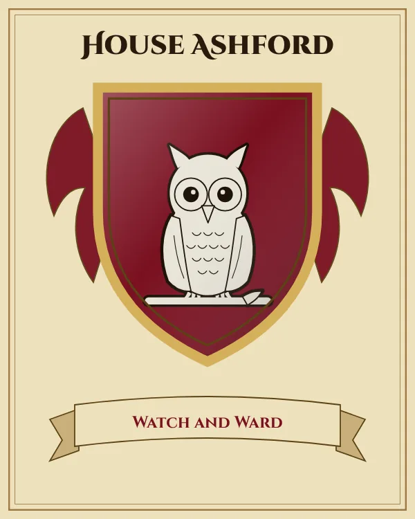 Coat of arms of House Ashford: a deep red shield and a silver owl, motto "Watch and Ward"