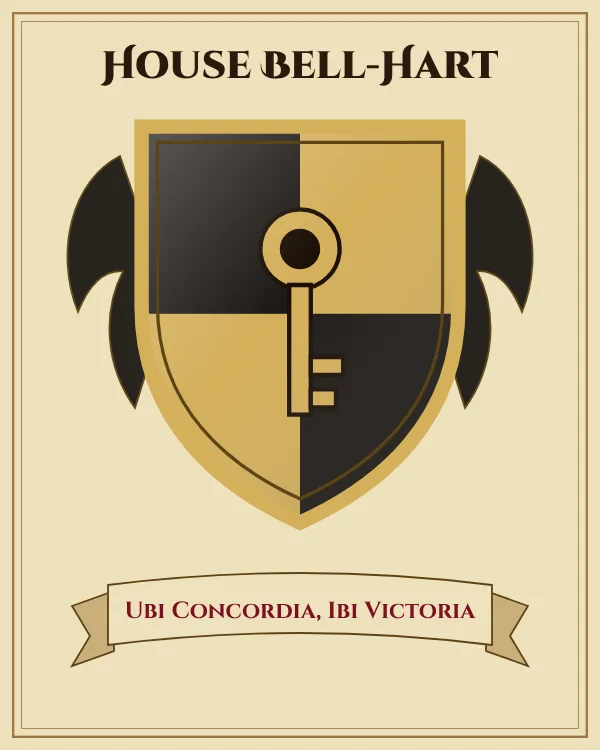 Coat of arms of House Bell-Hart: a shield quartered in black and gold and a gold key, motto "Ubi Concordia, Ibi Victoria"