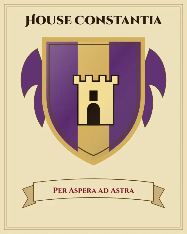 Coat of arms of House Constantia: a purple shield with a gold vertical stripe and a gold tower, motto "Per Aspera ad Astra"