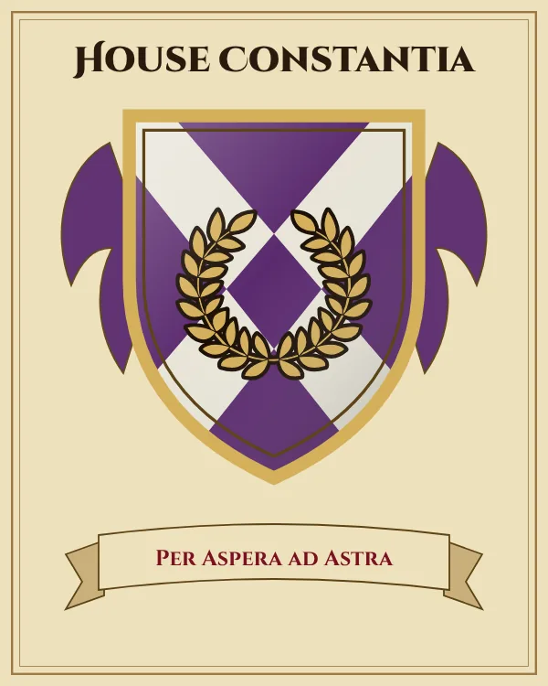Coat of arms of House Constantia: a purple shield with a silver X-shaped cross and a gold laurel wreath, motto "Per Aspera ad Astra"