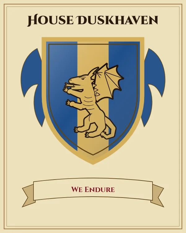 Coat of arms of House Duskhaven: a blue shield with a gold vertical stripe and a gold dragon, motto "We Endure"