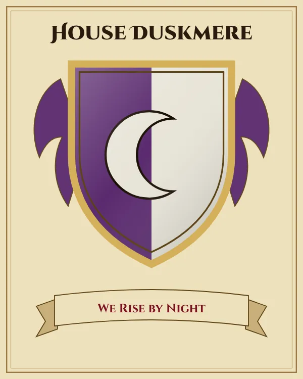 Coat of arms of House Duskmere: a shield split down the middle in purple and silver and a silver crescent moon, motto "We Rise by Night"