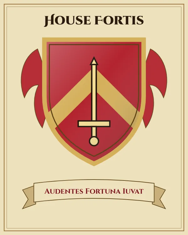 Coat of arms of House Fortis: a red shield with a gold chevron and a gold sword, motto "Audentes Fortuna Iuvat"