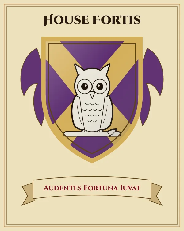 Coat of arms of House Fortis: a purple shield with a gold X-shaped cross and a silver owl, motto "Audentes Fortuna Iuvat"