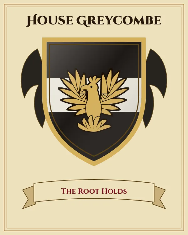 Coat of arms of House Greycombe: a black shield with a silver horizontal band and a gold phoenix rising from flames, motto "The Root Holds"