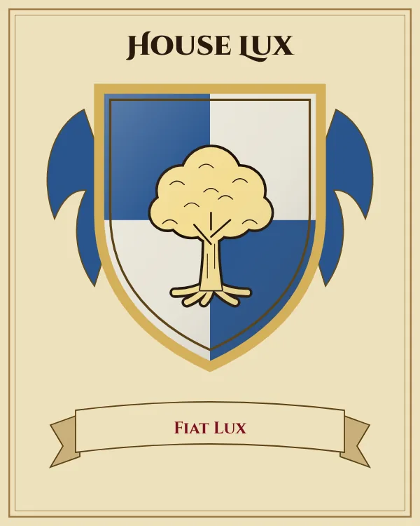 Coat of arms of House Lux: a shield quartered in blue and silver and a gold oak tree, motto "Fiat Lux"
