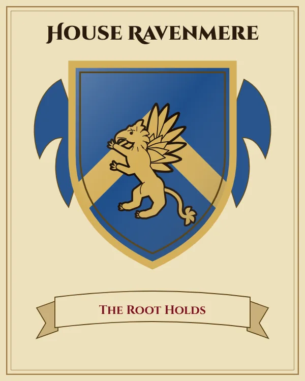 Coat of arms of House Ravenmere: a blue shield with a gold chevron and a gold griffin, motto "The Root Holds"