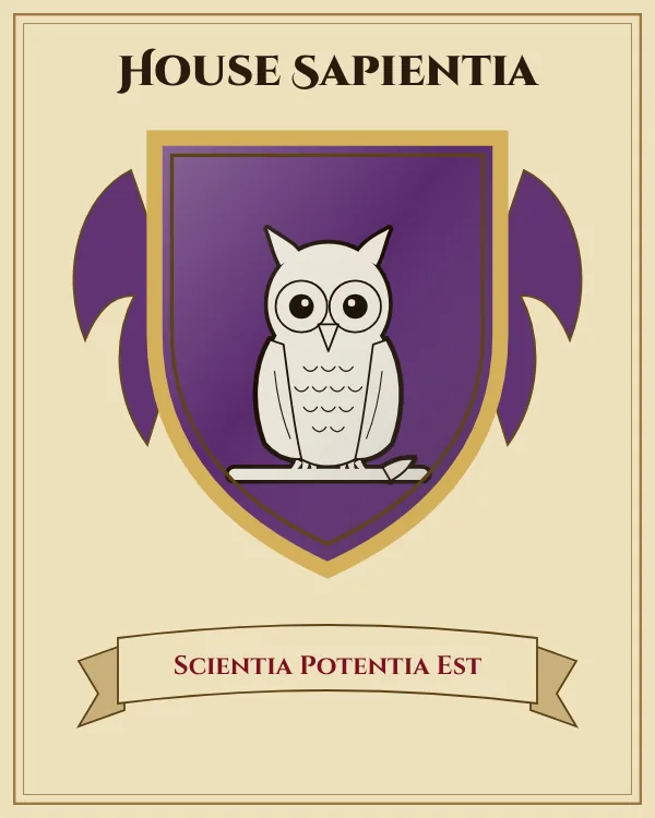 Coat of arms of House Sapientia: a purple shield and a silver owl, motto "Scientia Potentia Est"