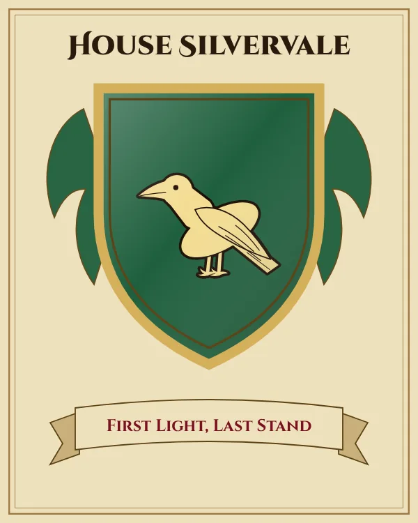 Coat of arms of House Silvervale: a green shield and a gold raven, motto "First Light, Last Stand"