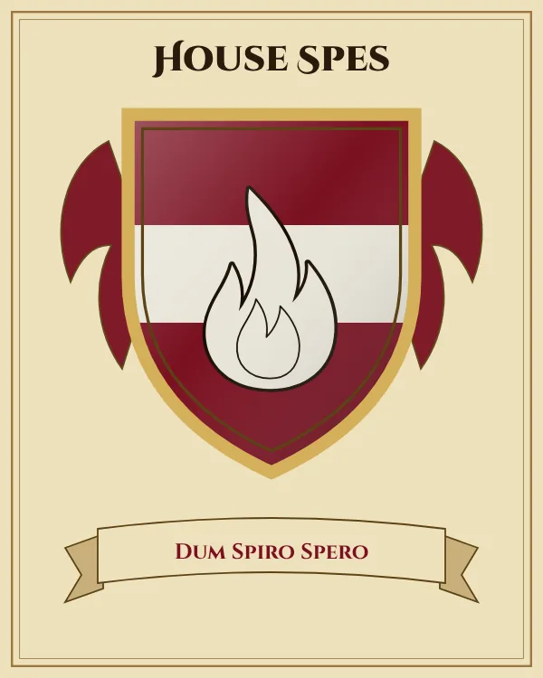 Coat of arms of House Spes: a deep red shield with a silver horizontal band and a silver flame, motto "Dum Spiro Spero"
