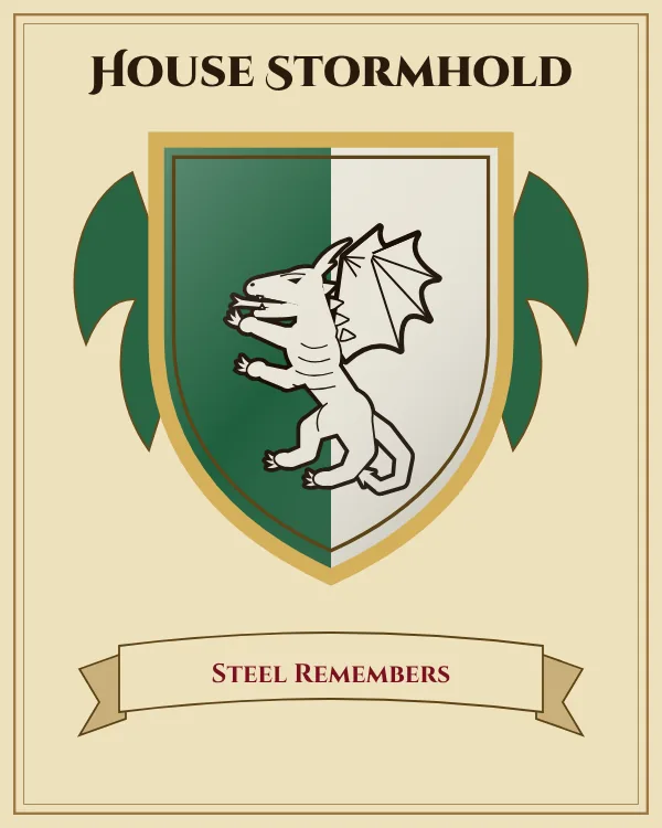 Coat of arms of House Stormhold: a shield split down the middle in green and silver and a silver dragon, motto "Steel Remembers"