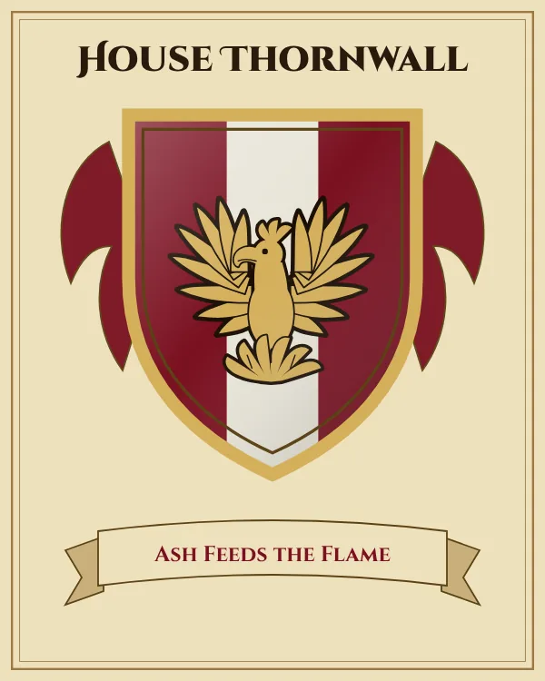 Coat of arms of House Thornwall: a deep red shield with a silver vertical stripe and a gold phoenix rising from flames, motto "Ash Feeds the Flame"