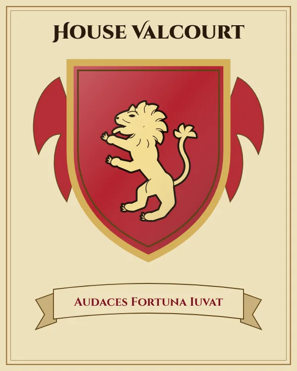 Coat of arms of House Valcourt: a red shield and a gold rampant lion, motto "Audaces Fortuna Iuvat"