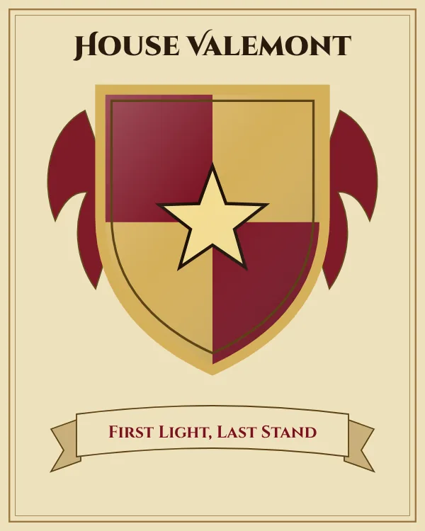 Coat of arms of House Valemont: a shield quartered in deep red and gold and a gold star, motto "First Light, Last Stand"