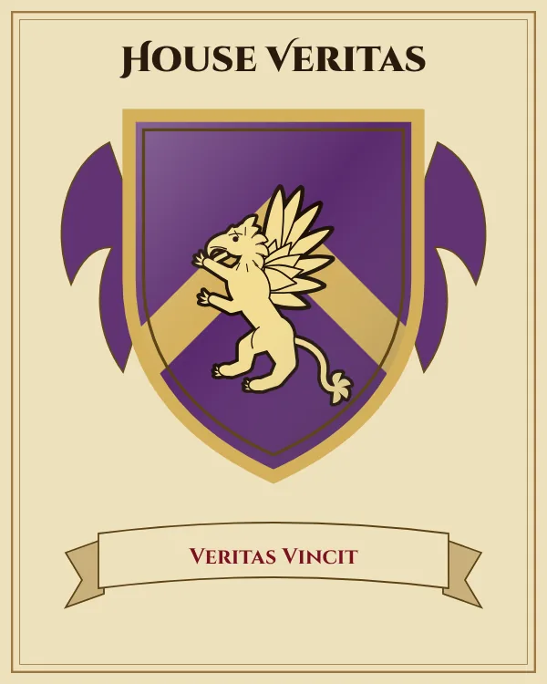 Coat of arms of House Veritas: a purple shield with a gold chevron and a gold griffin, motto "Veritas Vincit"