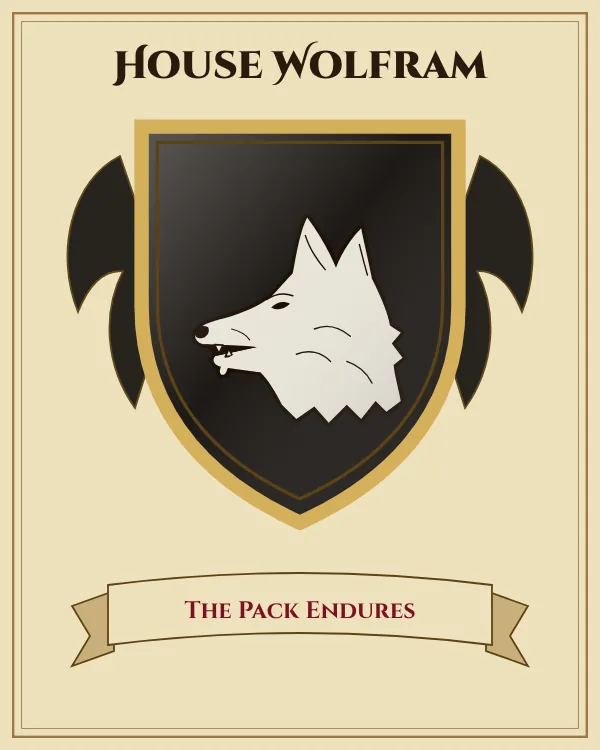 Coat of arms of House Wolfram: a black shield and a silver wolf's head, motto "The Pack Endures"