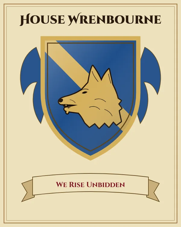 Coat of arms of House Wrenbourne: a blue shield with a gold diagonal band and a gold wolf's head, motto "We Rise Unbidden"