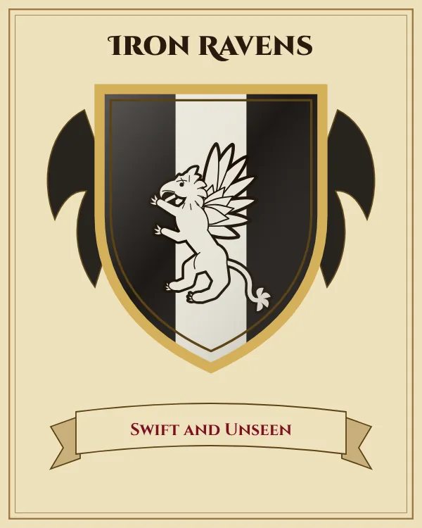 Coat of arms of Iron Ravens: a black shield with a silver vertical stripe and a silver griffin, motto "Swift and Unseen"